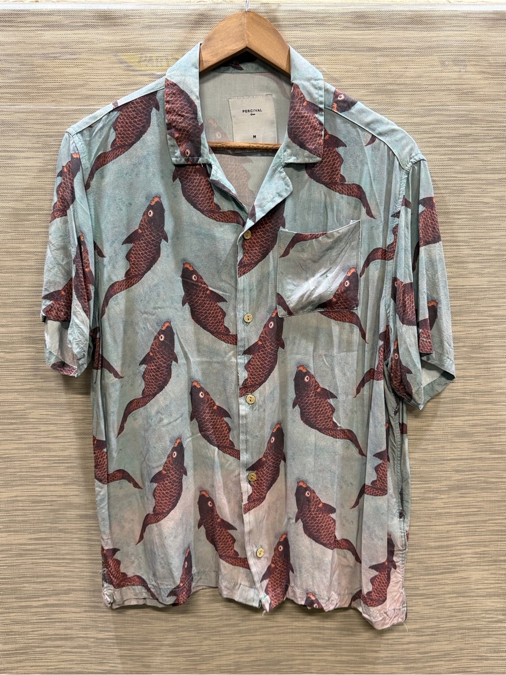 Percival Fish Print Camp Collar Button Front Shirt Novelty Print Men’s M